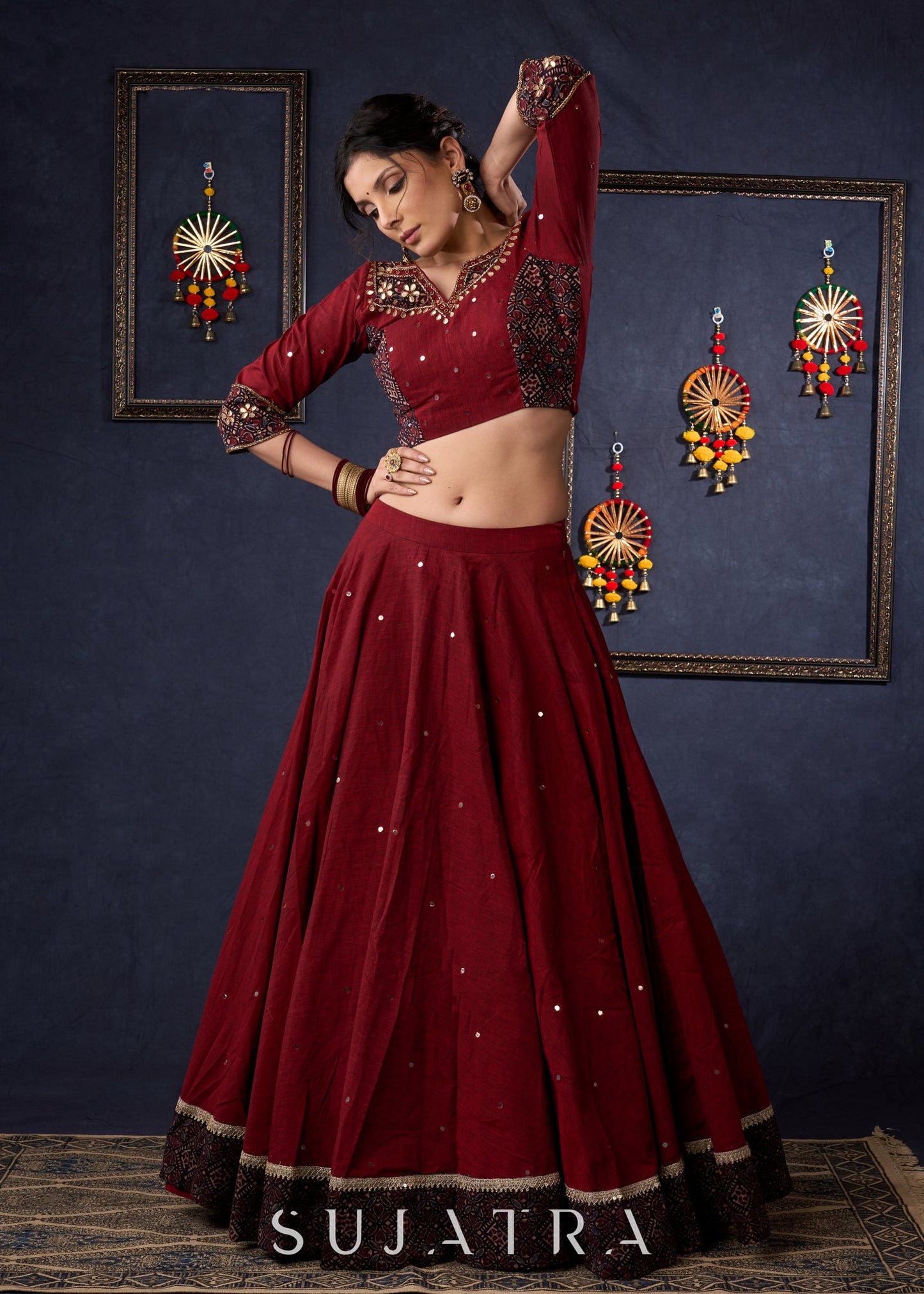 Maroon Cotton Lehenga With All Over Mirror Work & Embroidered Blouse With Matching Dupatta.