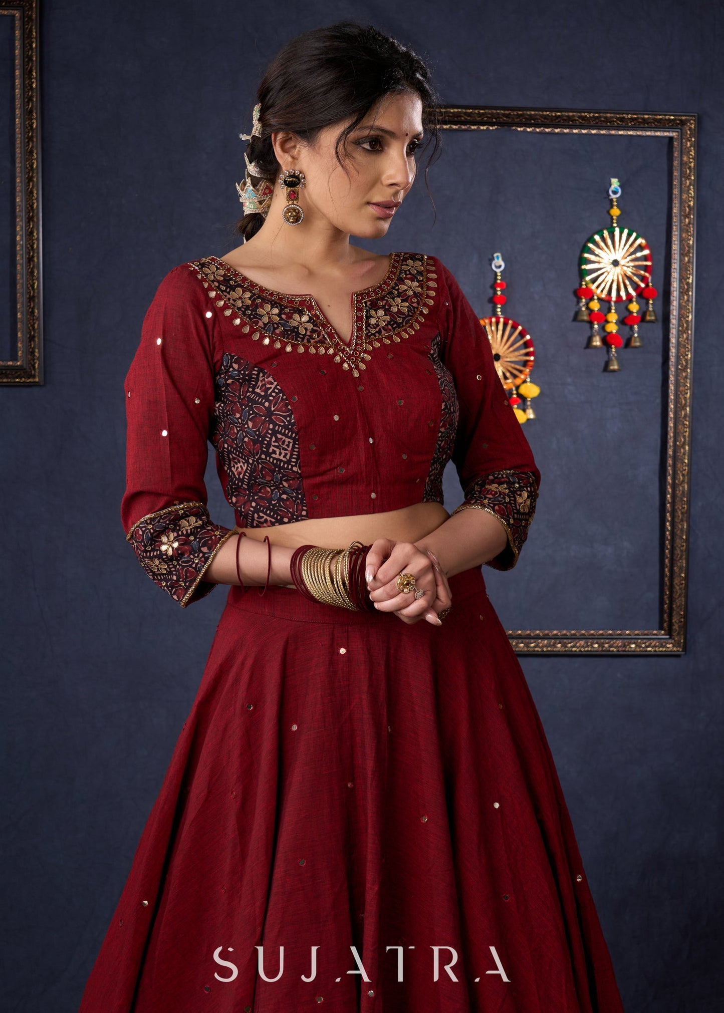 Maroon Cotton Lehenga With All Over Mirror Work & Embroidered Blouse With Matching Dupatta.