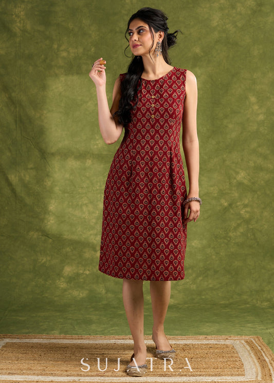 Rust Ajrakh Block Print Cotton Dress. Earthy Rust Tones With Intricate Block Prints