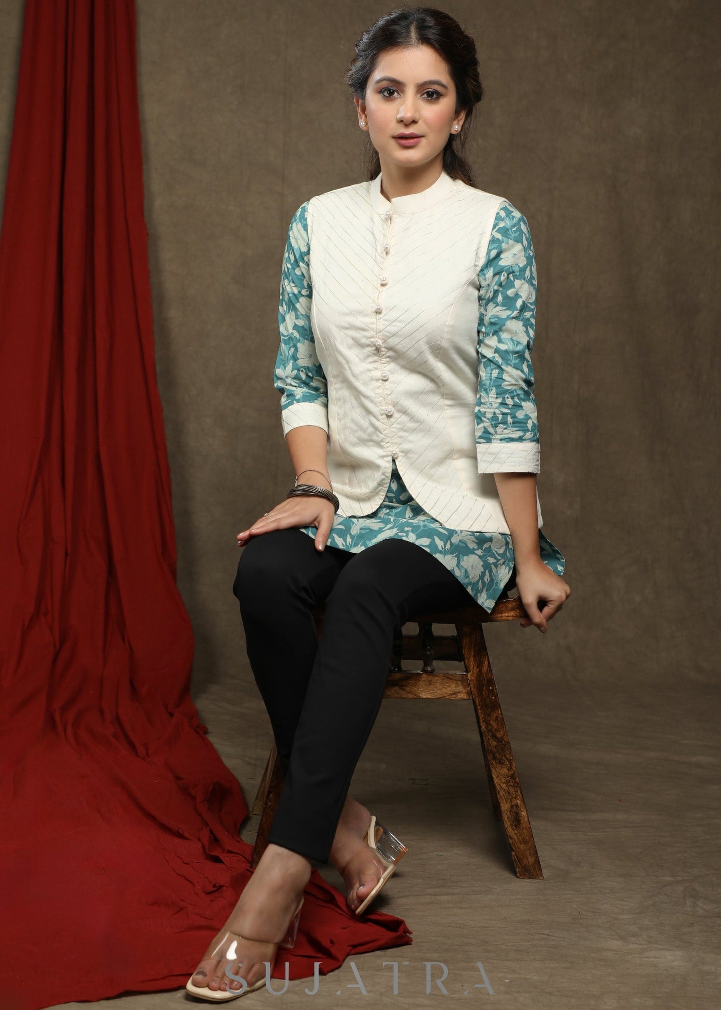 Elegant printed cotton tunic - Off-white Nehru jacket Optional