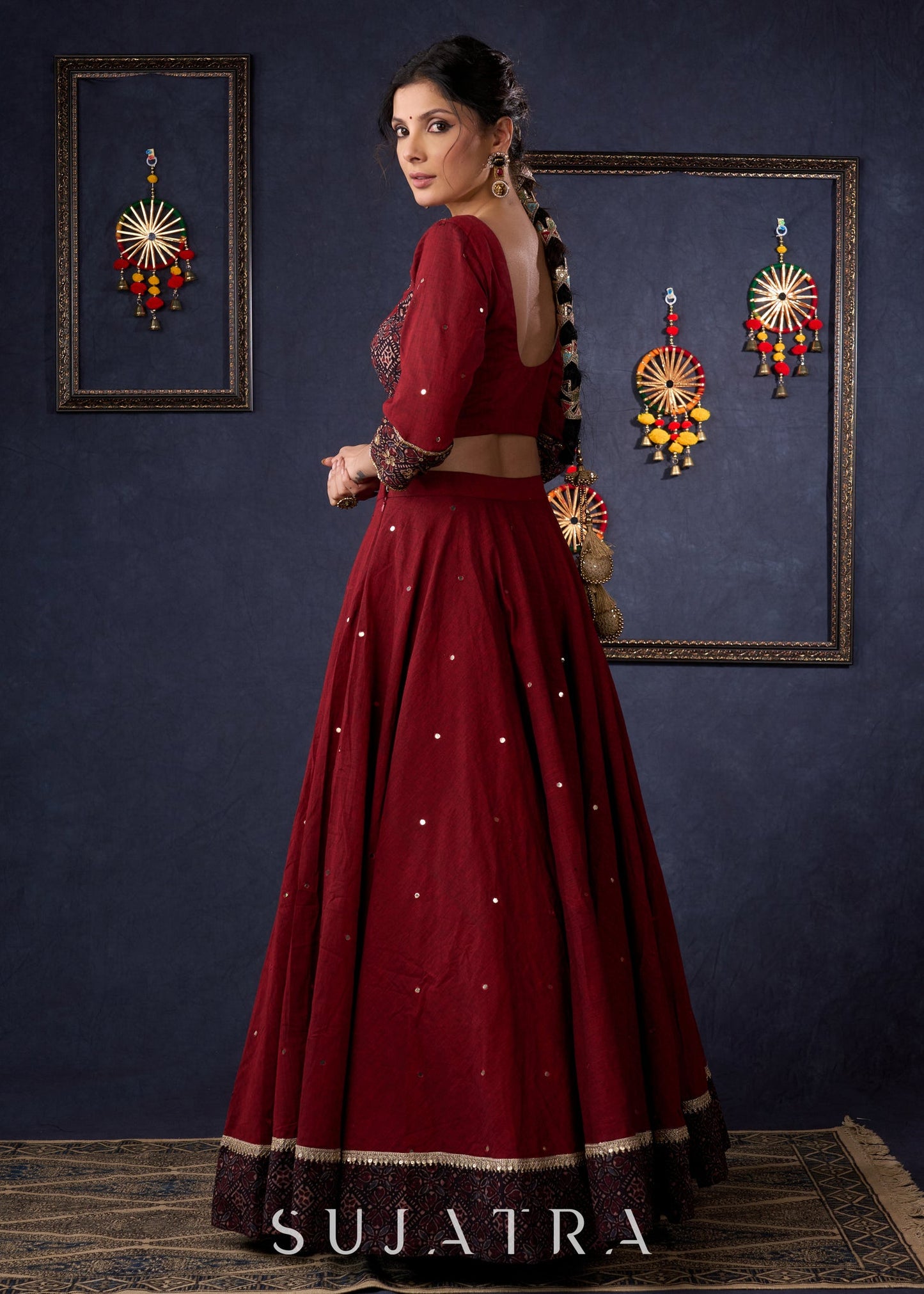 Maroon Cotton Lehenga With All Over Mirror Work & Embroidered Blouse With Matching Dupatta.