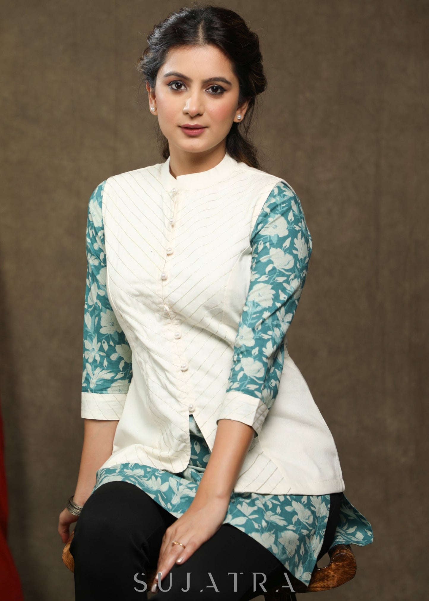 Elegant printed cotton tunic - Off-white Nehru jacket Optional