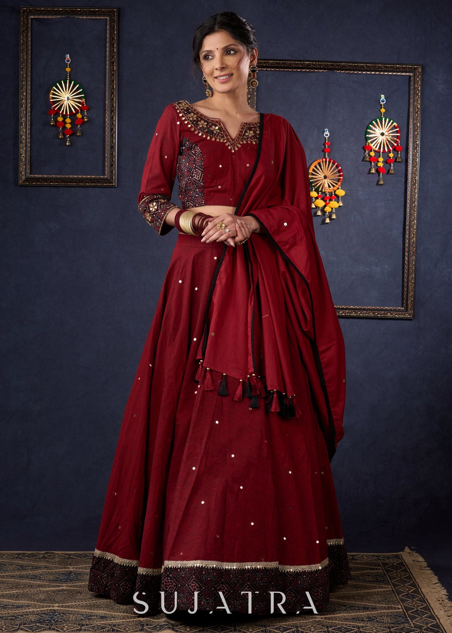 Maroon Cotton Lehenga With All Over Mirror Work & Embroidered Blouse With Matching Dupatta.