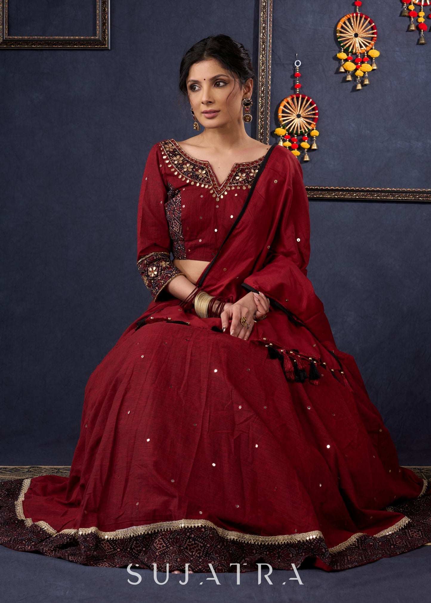 Maroon Cotton Lehenga With All Over Mirror Work & Embroidered Blouse With Matching Dupatta.