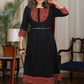 Black cotton flared dress with ajrakh combination highlighted with mirror lace