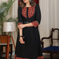 Black cotton flared dress with ajrakh combination highlighted with mirror lace