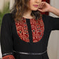 Black cotton flared dress with ajrakh combination highlighted with mirror lace