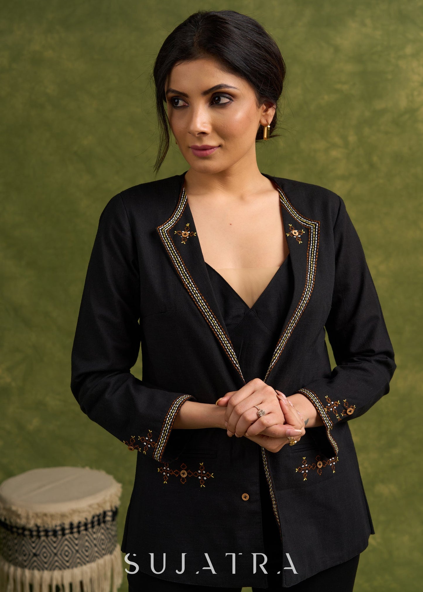 Artisanal Elegance : Black Cotton Jacket With Kantha Stitch Embroidery & Hidden Pockets