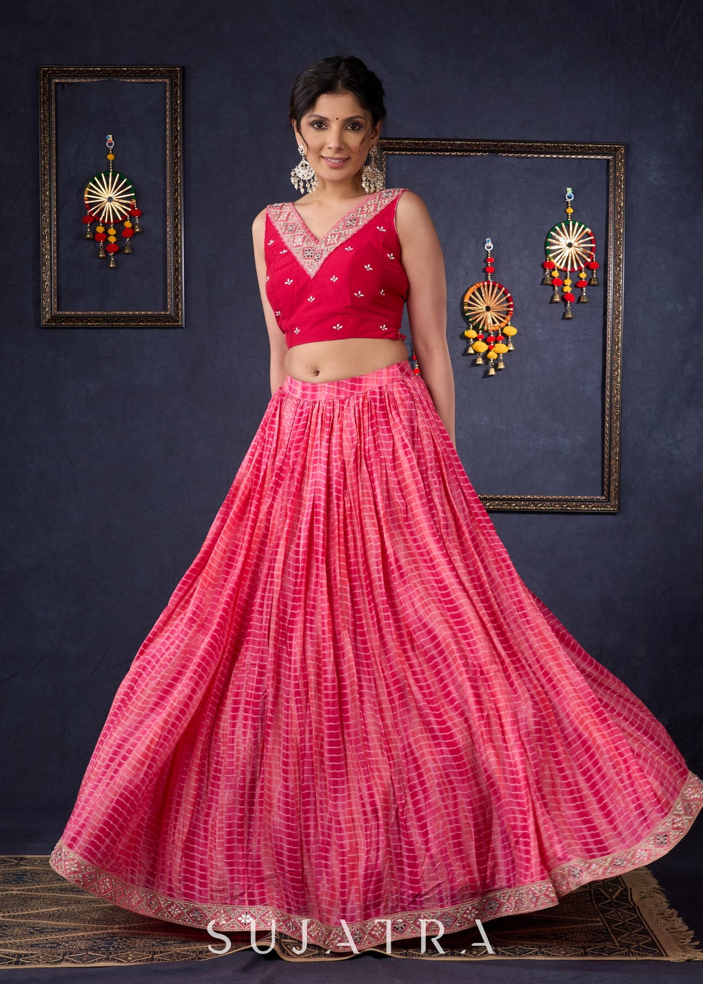 Pretty Pink Shibori Lehenga With Stone Embellishments On The Blouse & Matching Dupatta.