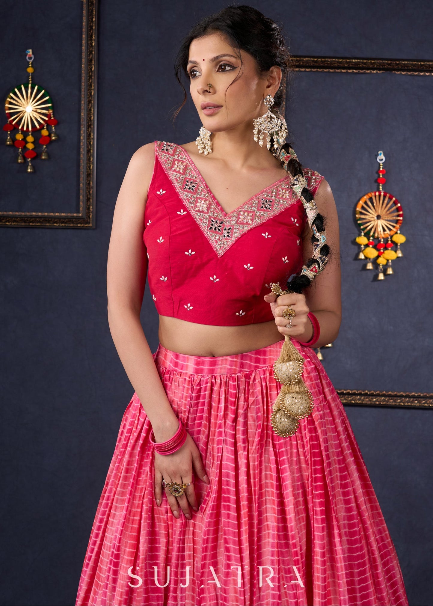 Pretty Pink Shibori Lehenga With Stone Embellishments On The Blouse & Matching Dupatta.