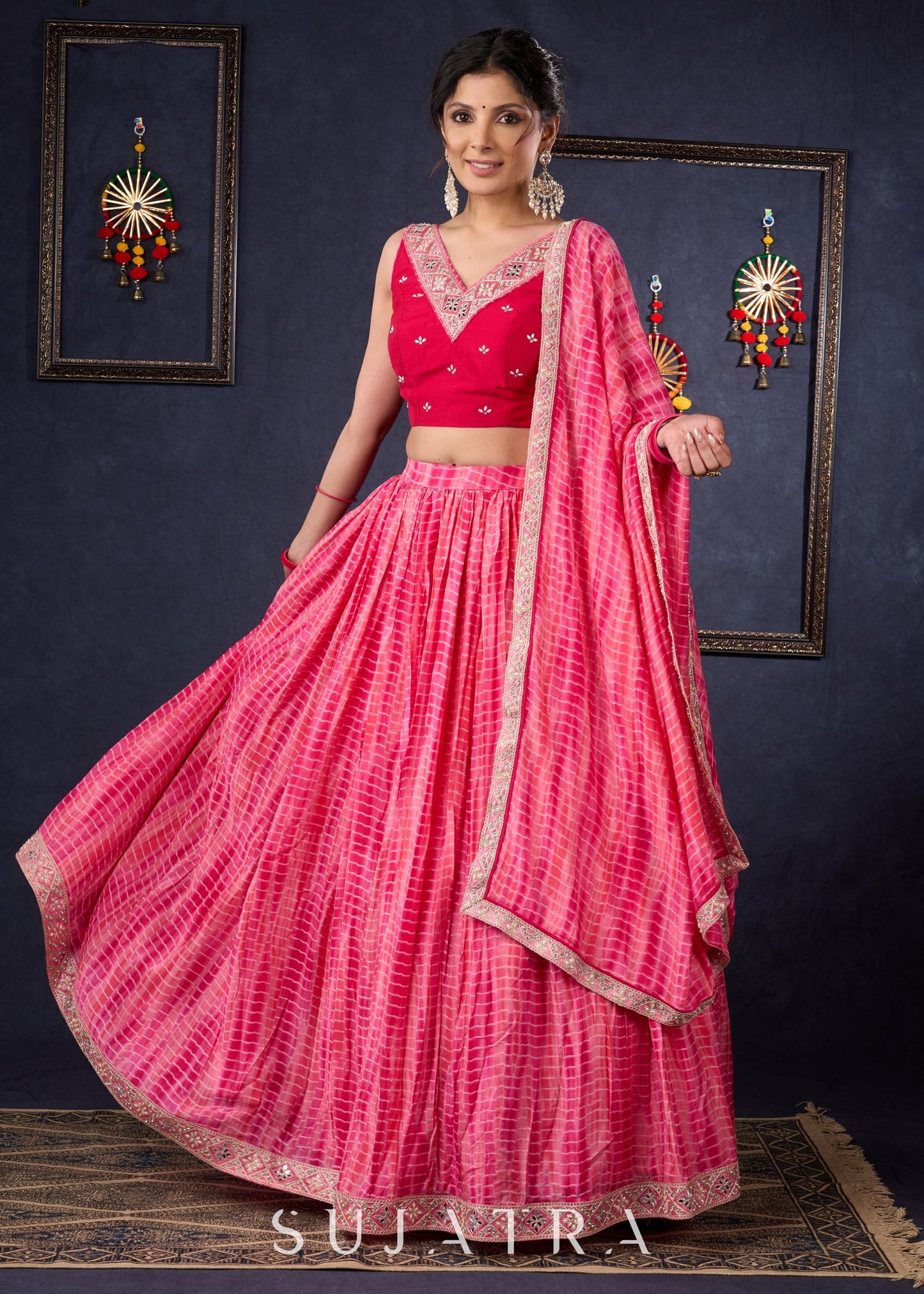 Pretty Pink Shibori Lehenga With Stone Embellishments On The Blouse & Matching Dupatta.