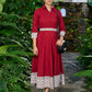 Graceful maroon cotton collared dress with floral combination & belt