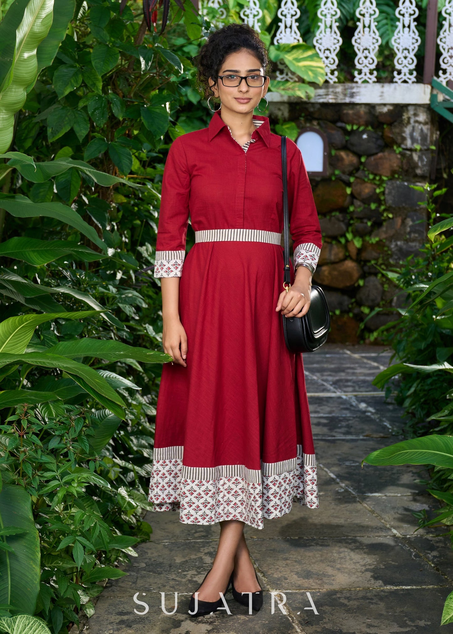 Graceful maroon cotton collared dress with floral combination & belt