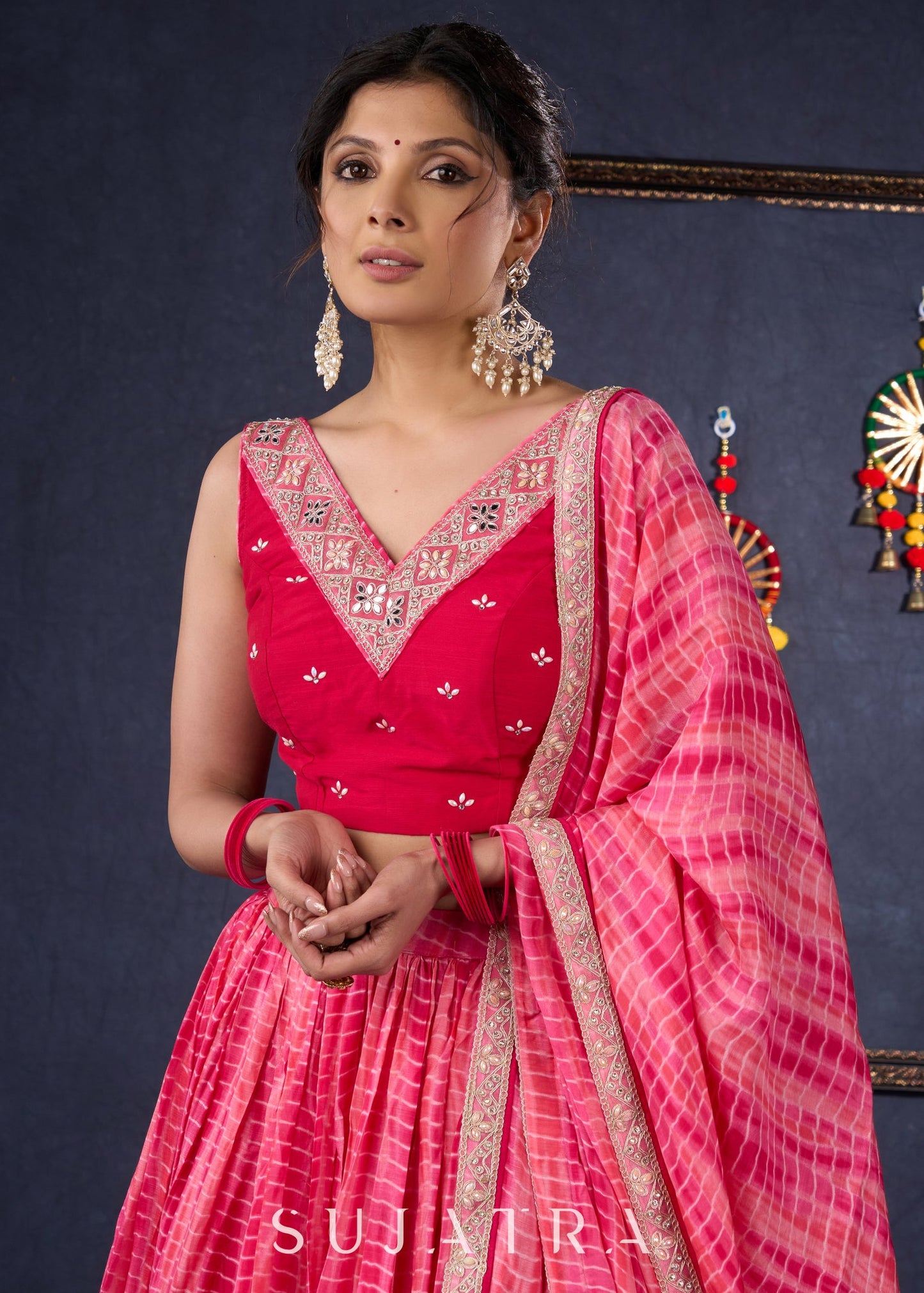 Pretty Pink Shibori Lehenga With Stone Embellishments On The Blouse & Matching Dupatta.