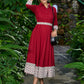 Graceful maroon cotton collared dress with floral combination & belt