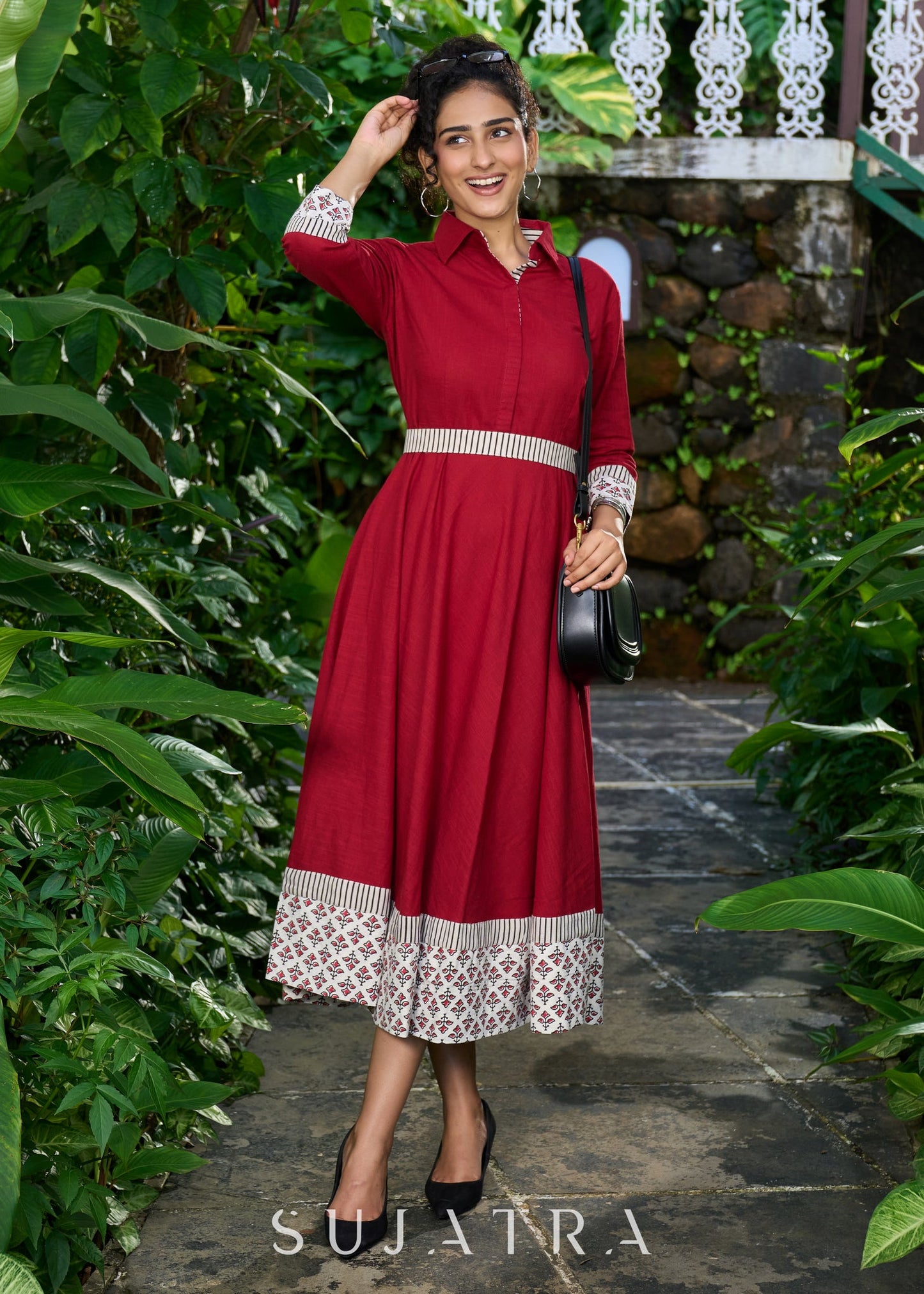 Graceful maroon cotton collared dress with floral combination & belt