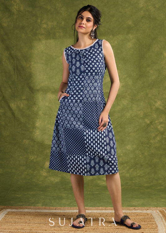 Patchwork Design Indigo Printed Cotton Dress. Unique Indigo Patchwork With Intricate Geometric Prints