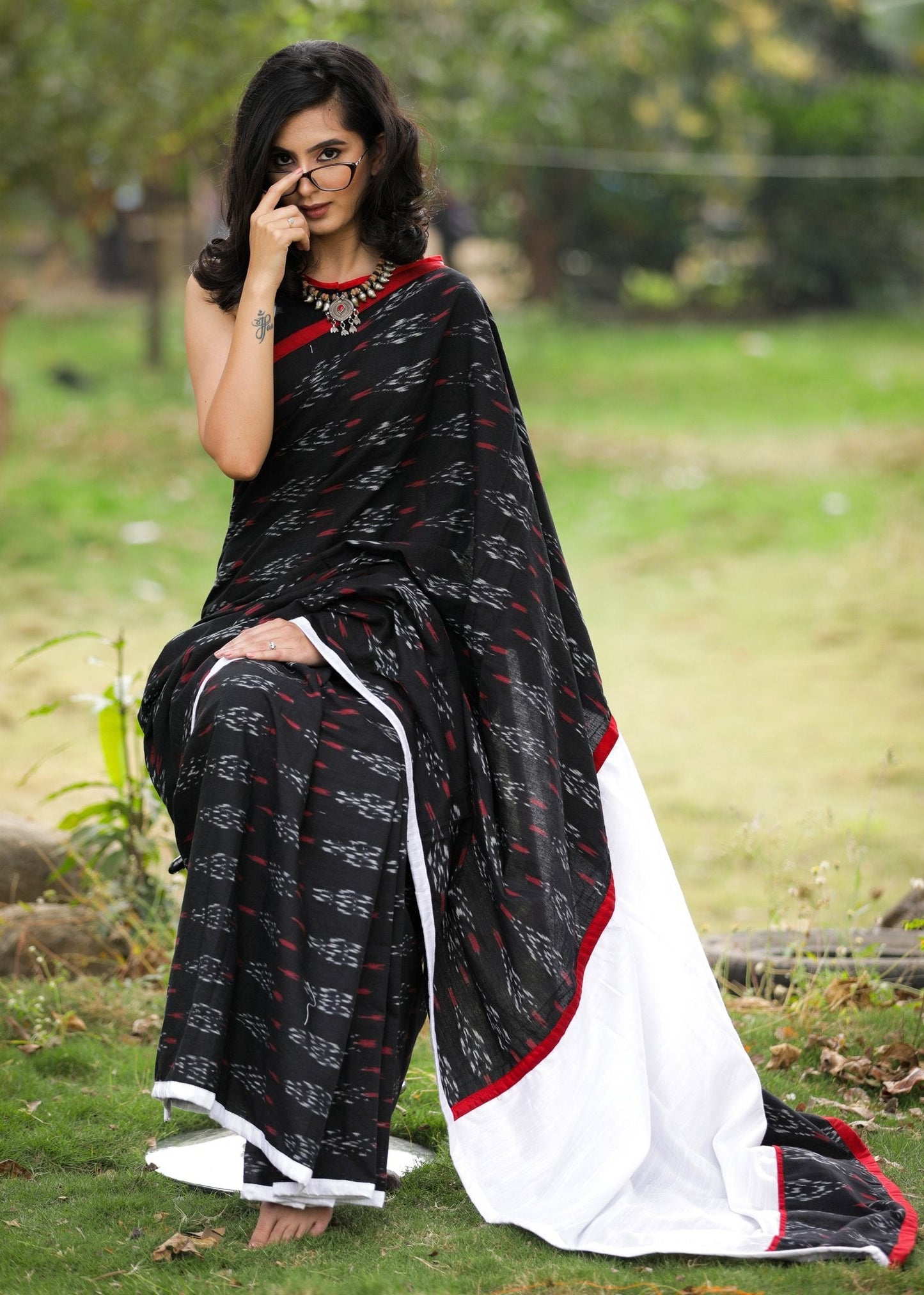 Exclusive Ikat & white cotton silk pallu combination saree