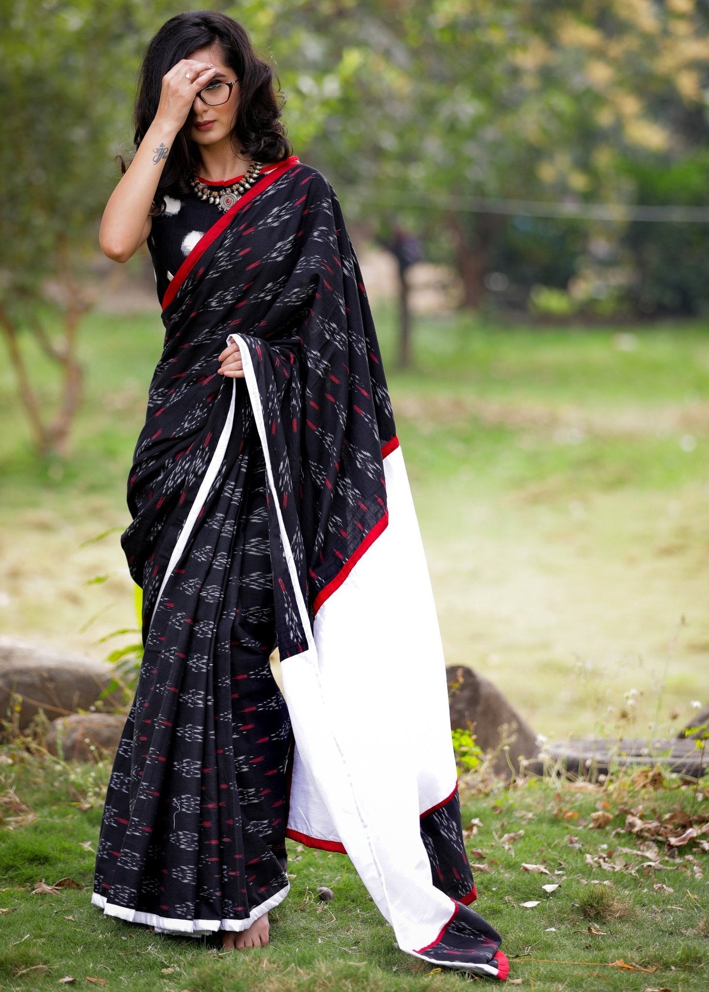 Exclusive Ikat & white cotton silk pallu combination saree