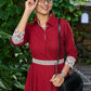 Graceful maroon cotton collared dress with floral combination & belt