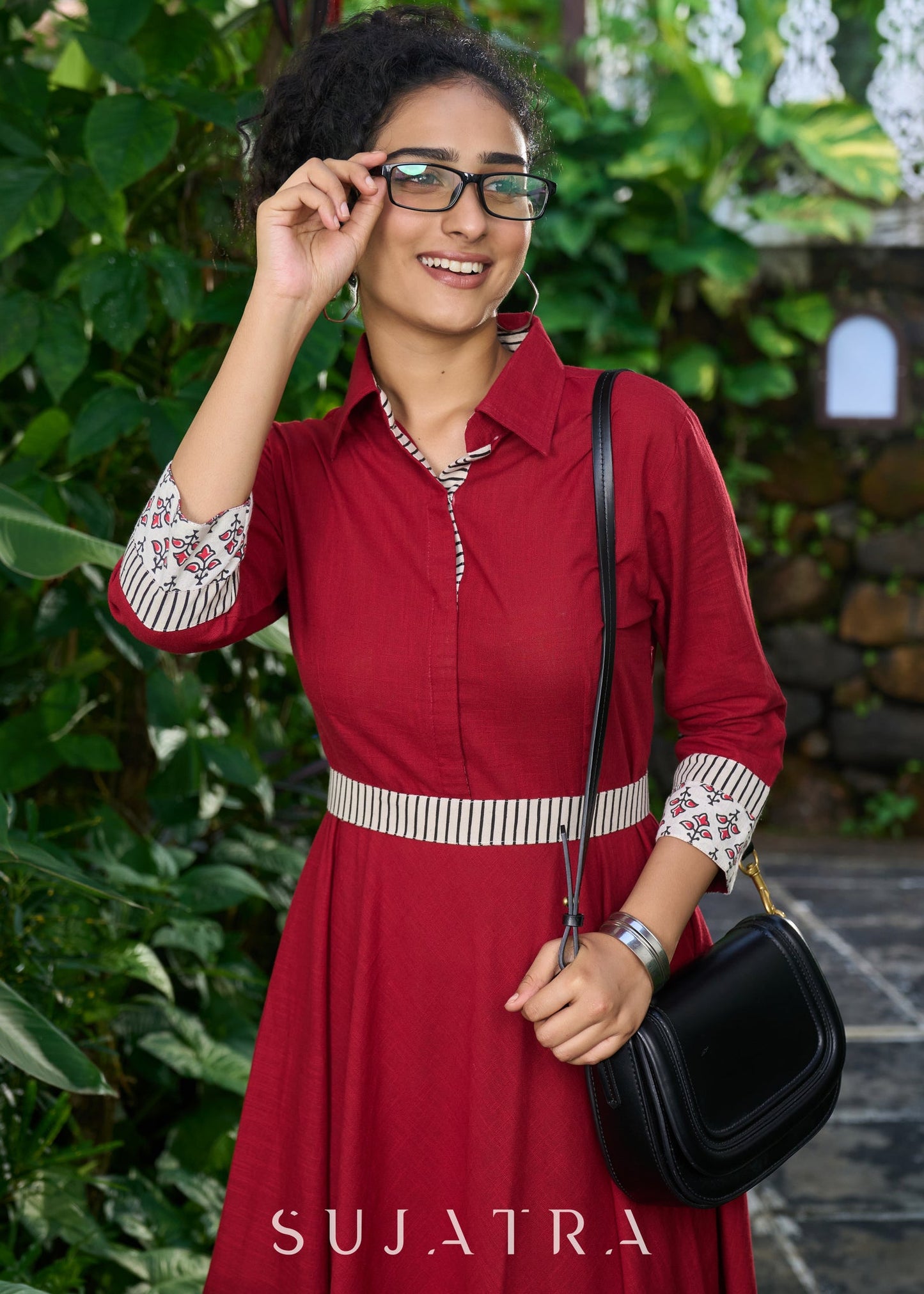 Graceful maroon cotton collared dress with floral combination & belt