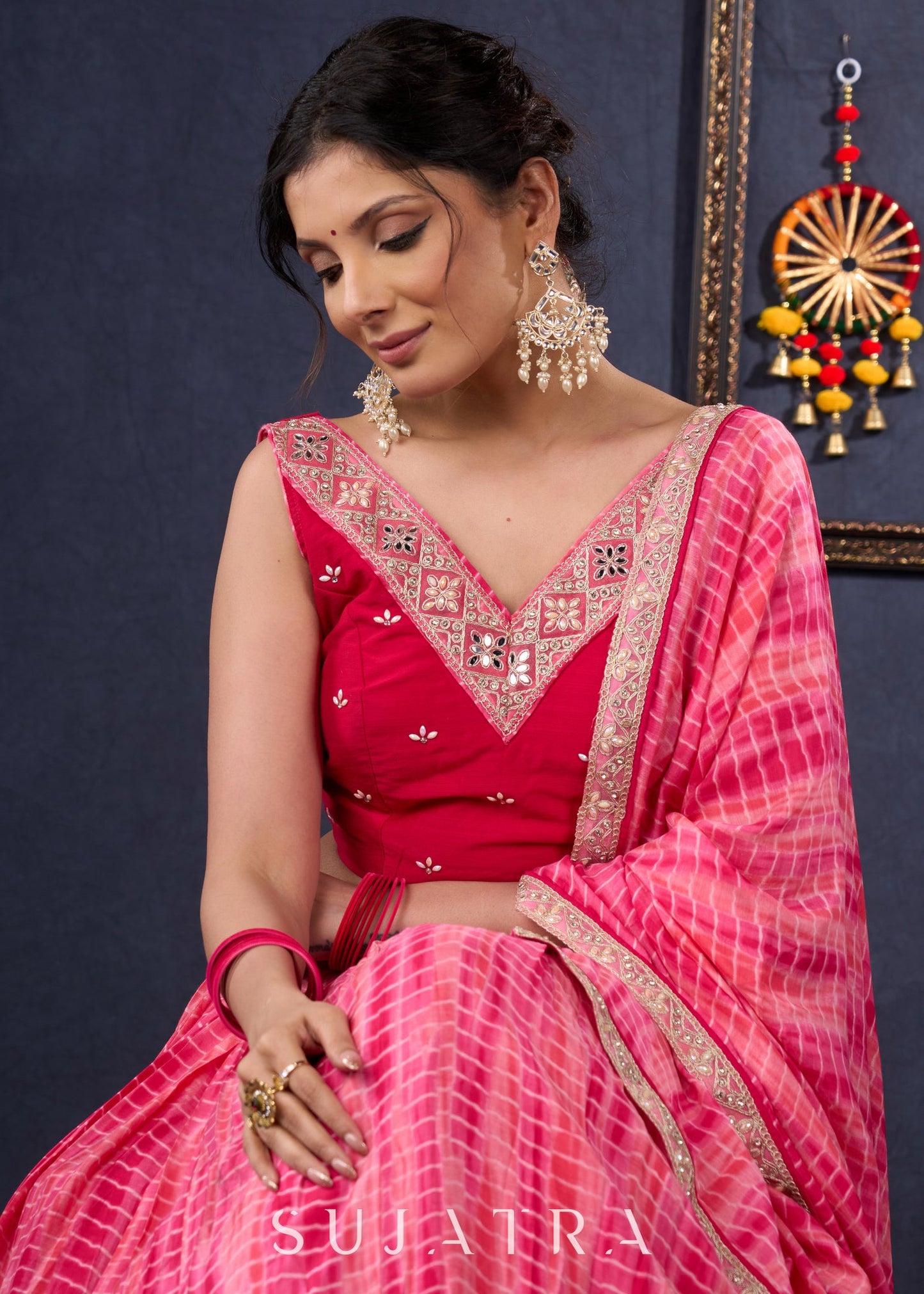 Pretty Pink Shibori Lehenga With Stone Embellishments On The Blouse & Matching Dupatta.