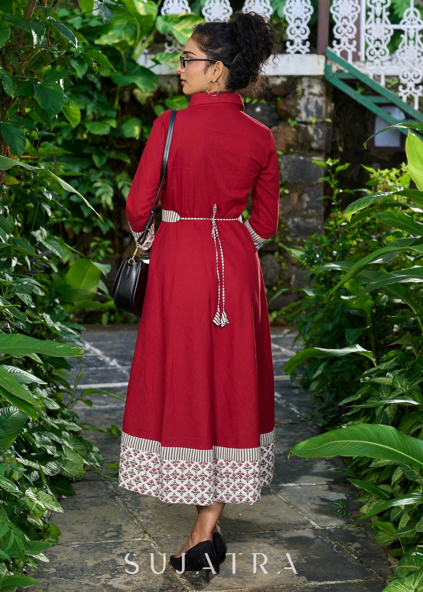 Graceful maroon cotton collared dress with floral combination & belt