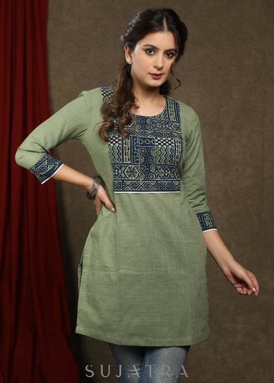 Elegant sage green cotton tunic with beautiful ajrakh yoke