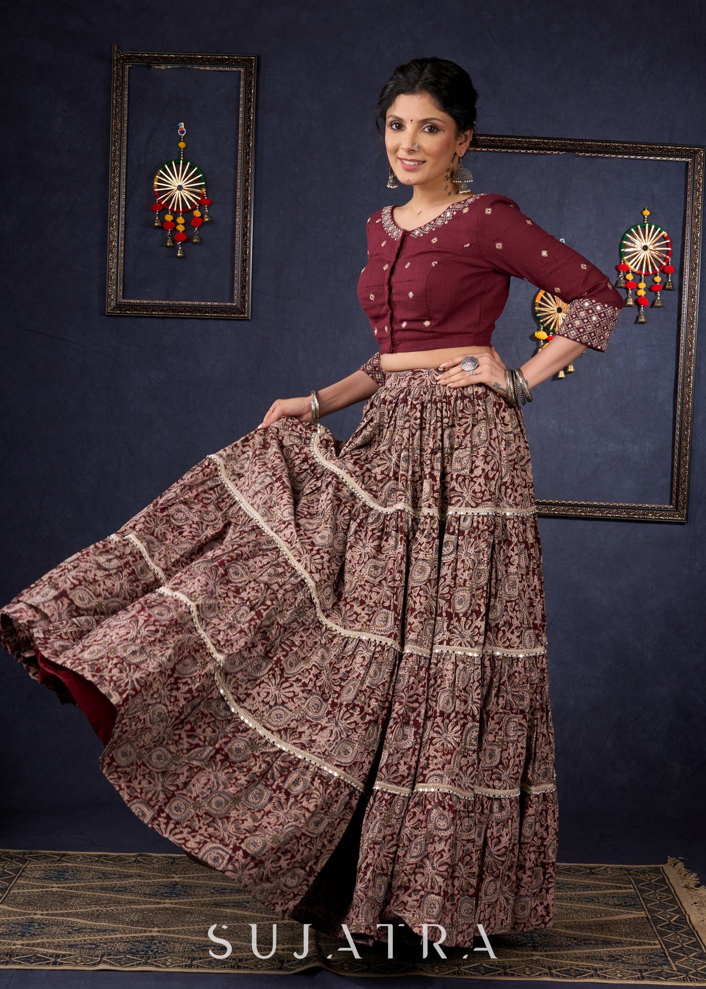 Exclusive Wine Kalamkari Tiered Lehenga With Embroidered Blouse & Shaded Dupatta.