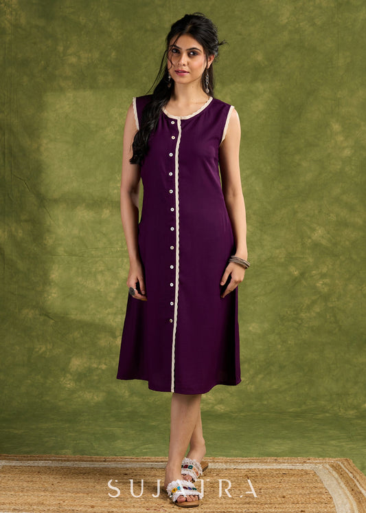 Purple Rayon Buttoned Dress. Chic Purple Dress With Lace Accents And Button Detailing