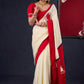 Graceful Hand-painted Durga-Ma Saree in Off-white Rayon & Red Combination