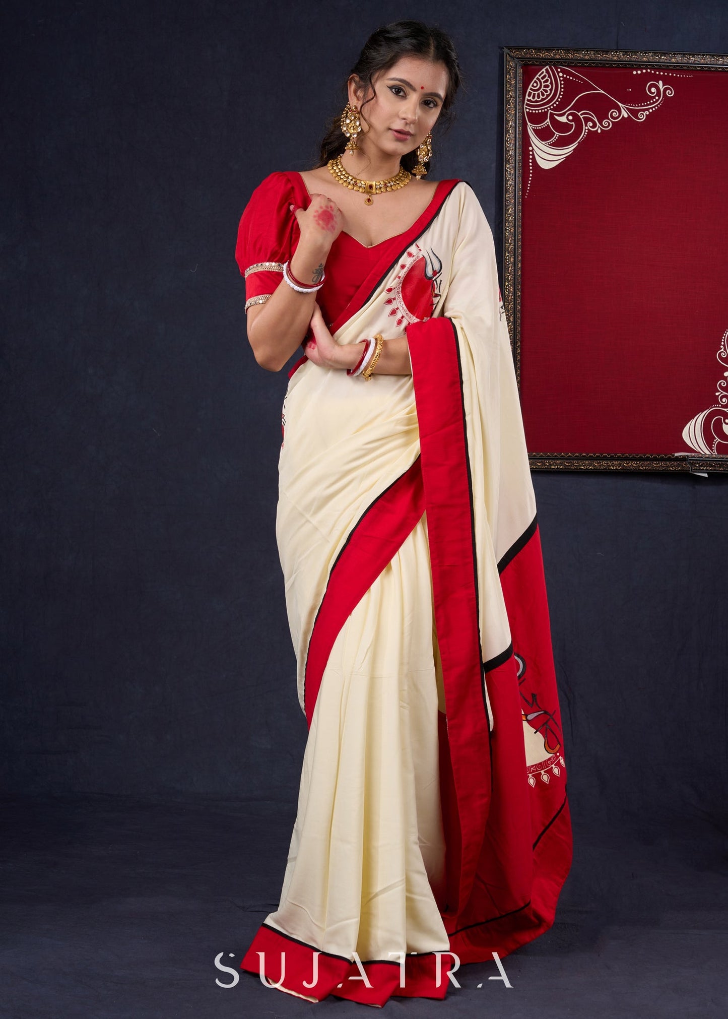 Graceful Hand-painted Durga-Ma Saree in Off-white Rayon & Red Combination