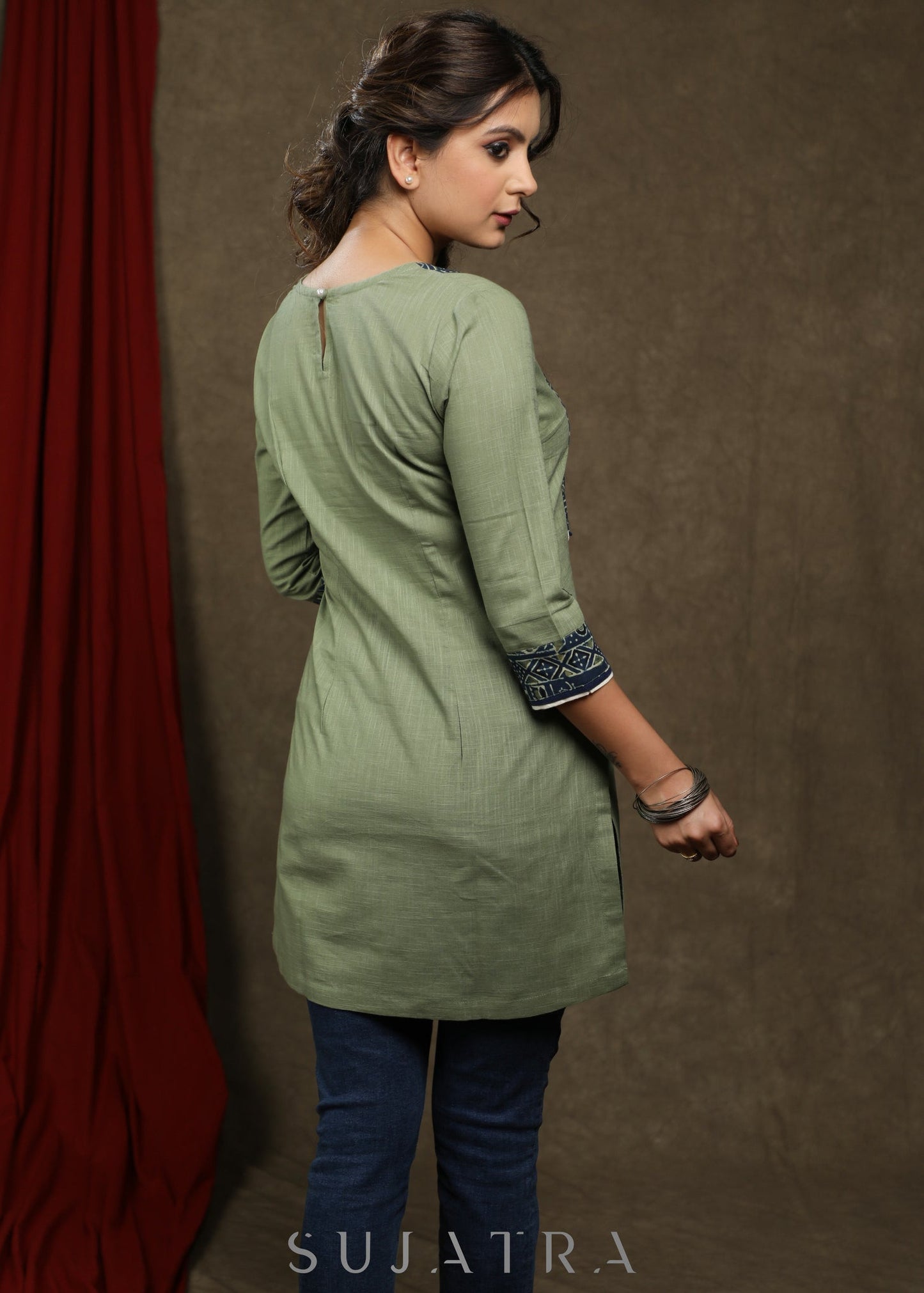 Elegant sage green cotton tunic with beautiful ajrakh yoke