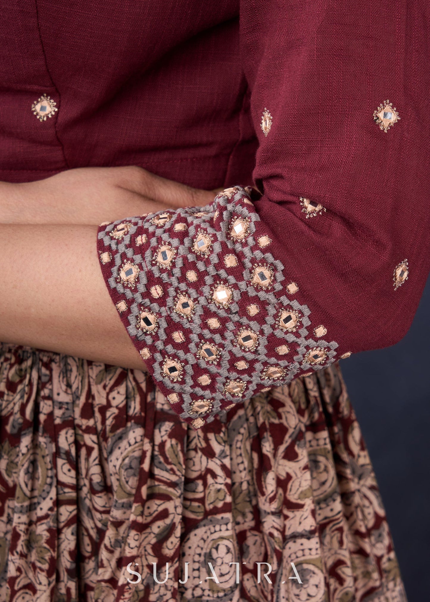 Exclusive Wine Kalamkari Tiered Lehenga With Embroidered Blouse & Shaded Dupatta.