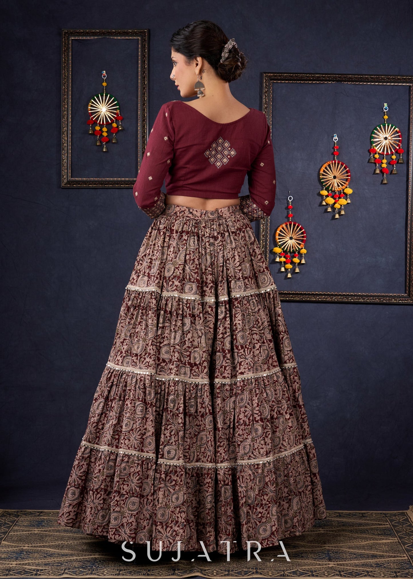 Exclusive Wine Kalamkari Tiered Lehenga With Embroidered Blouse & Shaded Dupatta.