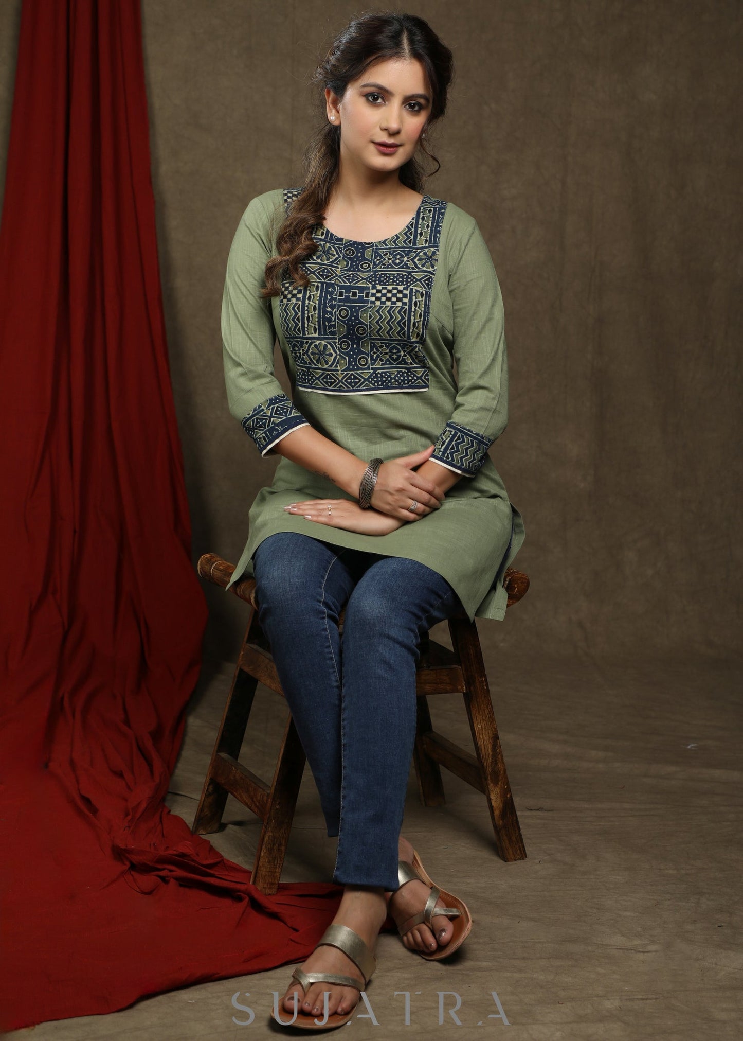 Elegant sage green cotton tunic with beautiful ajrakh yoke