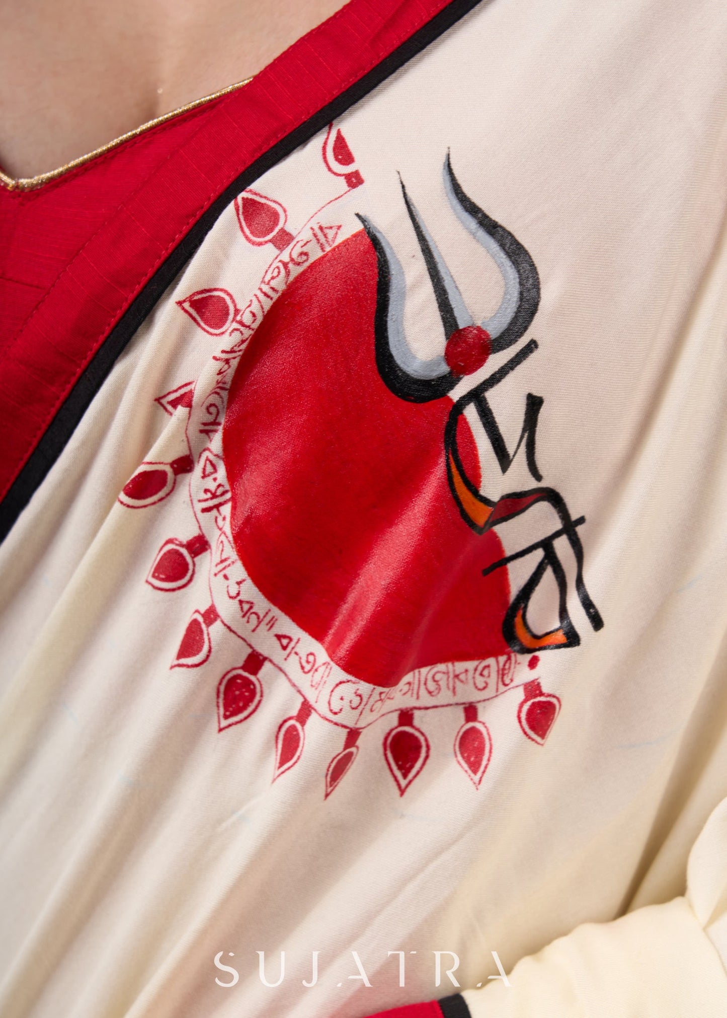 Graceful Hand-painted Durga-Ma Saree in Off-white Rayon & Red Combination