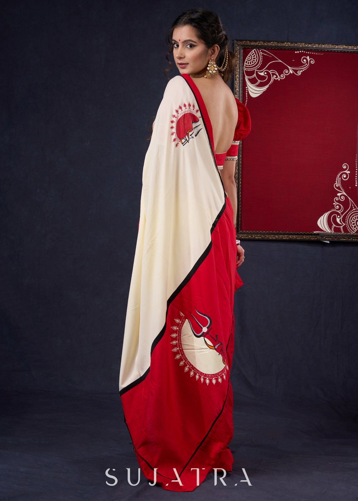 Graceful Hand-painted Durga-Ma Saree in Off-white Rayon & Red Combination