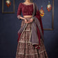 Exclusive Wine Kalamkari Tiered Lehenga With Embroidered Blouse & Shaded Dupatta.