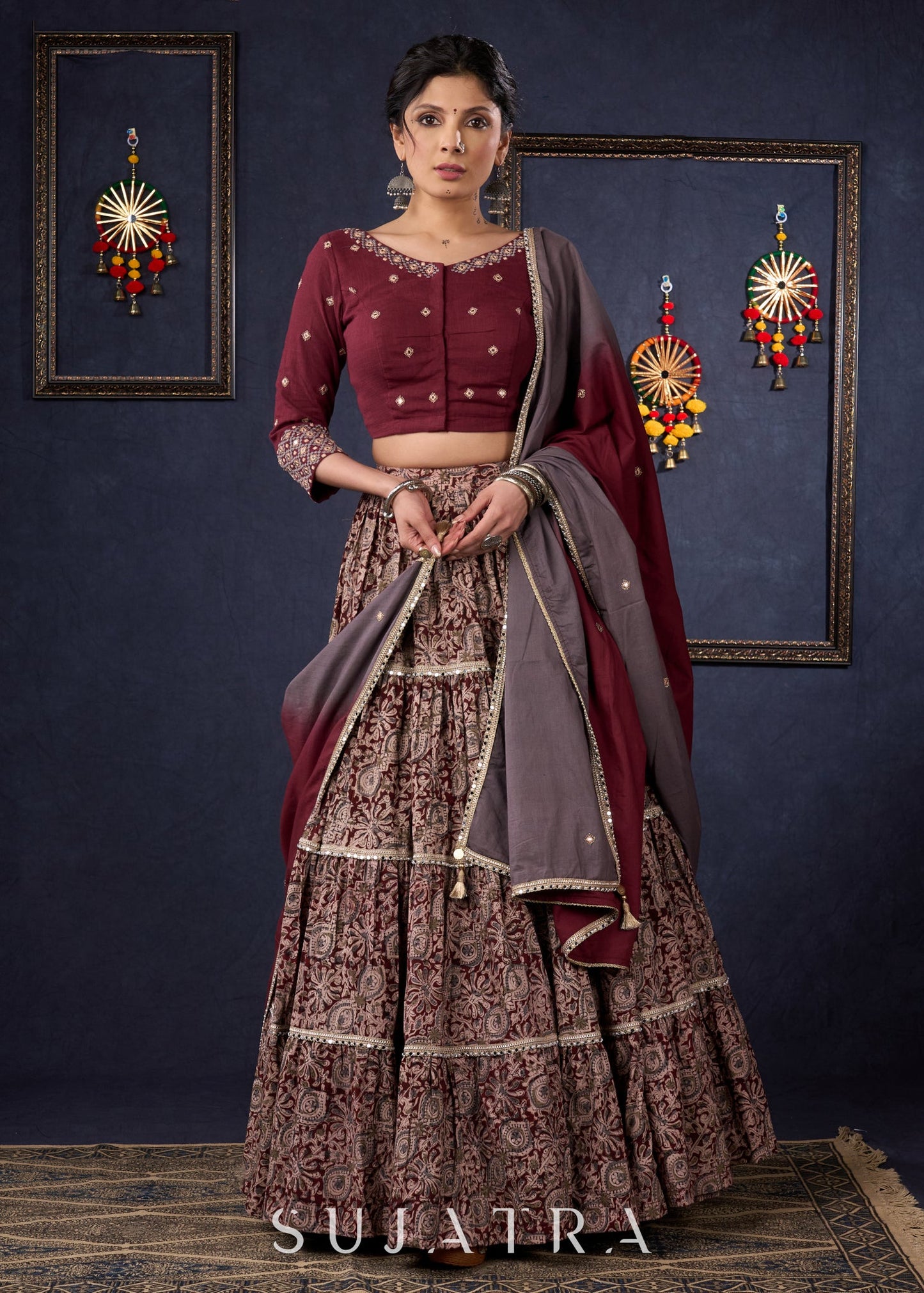 Exclusive Wine Kalamkari Tiered Lehenga With Embroidered Blouse & Shaded Dupatta.