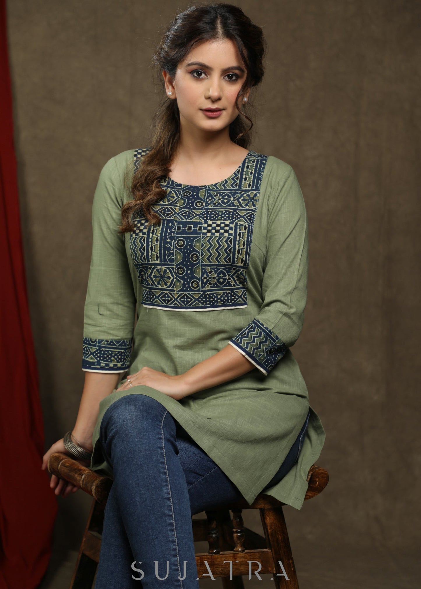 Elegant sage green cotton tunic with beautiful ajrakh yoke