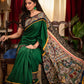 Forest green satin saree with hand painted kalamkari pallu