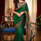 Forest green satin saree with hand painted kalamkari pallu