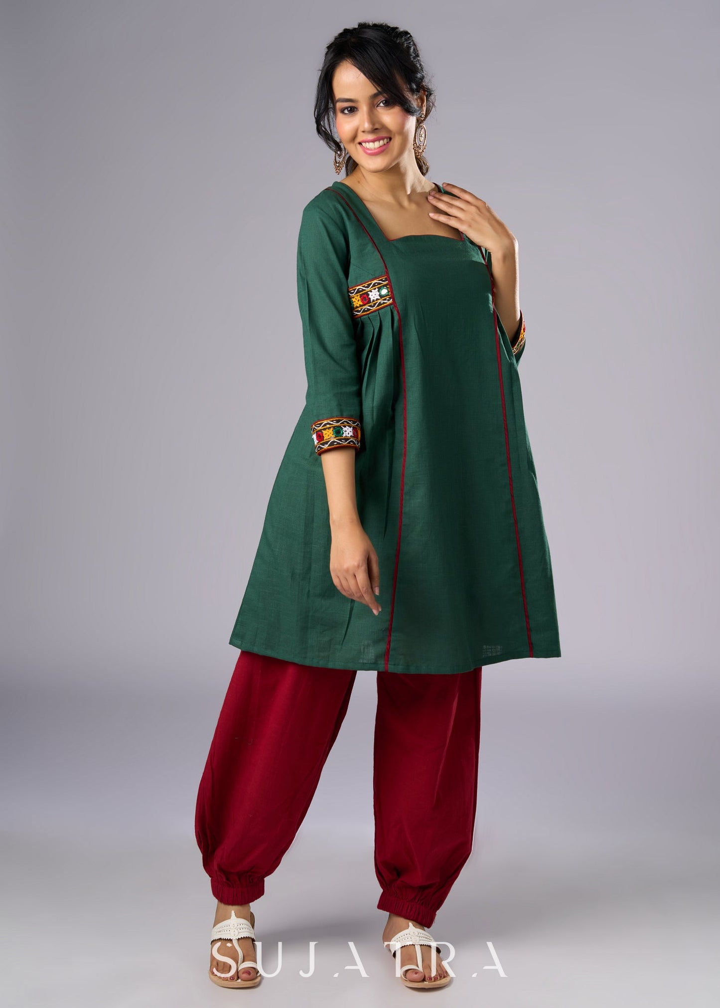 Beautiful Green Cotton Mirror Work Tunic Pant Additional