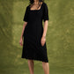 Black Rayon Embroidered Dress. Sleek Black Dress With Scalloped Hemline