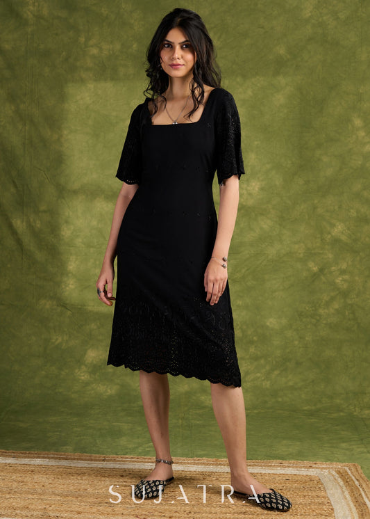 Black Rayon Embroidered Dress. Sleek Black Dress With Scalloped Hemline