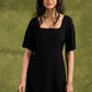 Black Rayon Embroidered Dress. Sleek Black Dress With Scalloped Hemline