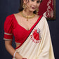 Graceful Hand-painted Durga-Ma Saree in Off-white Rayon & Red Combination