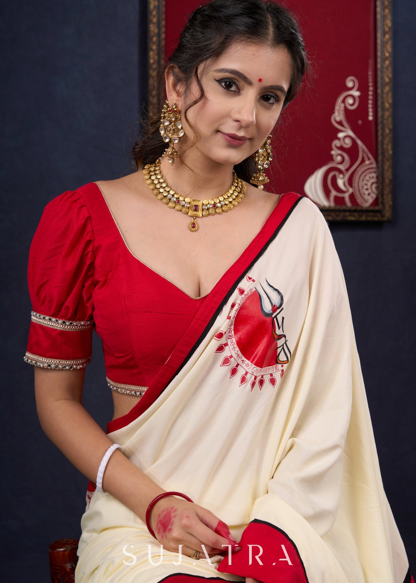 Graceful Hand-painted Durga-Ma Saree in Off-white Rayon & Red Combination