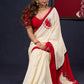 Graceful Hand-painted Durga-Ma Saree in Off-white Rayon & Red Combination